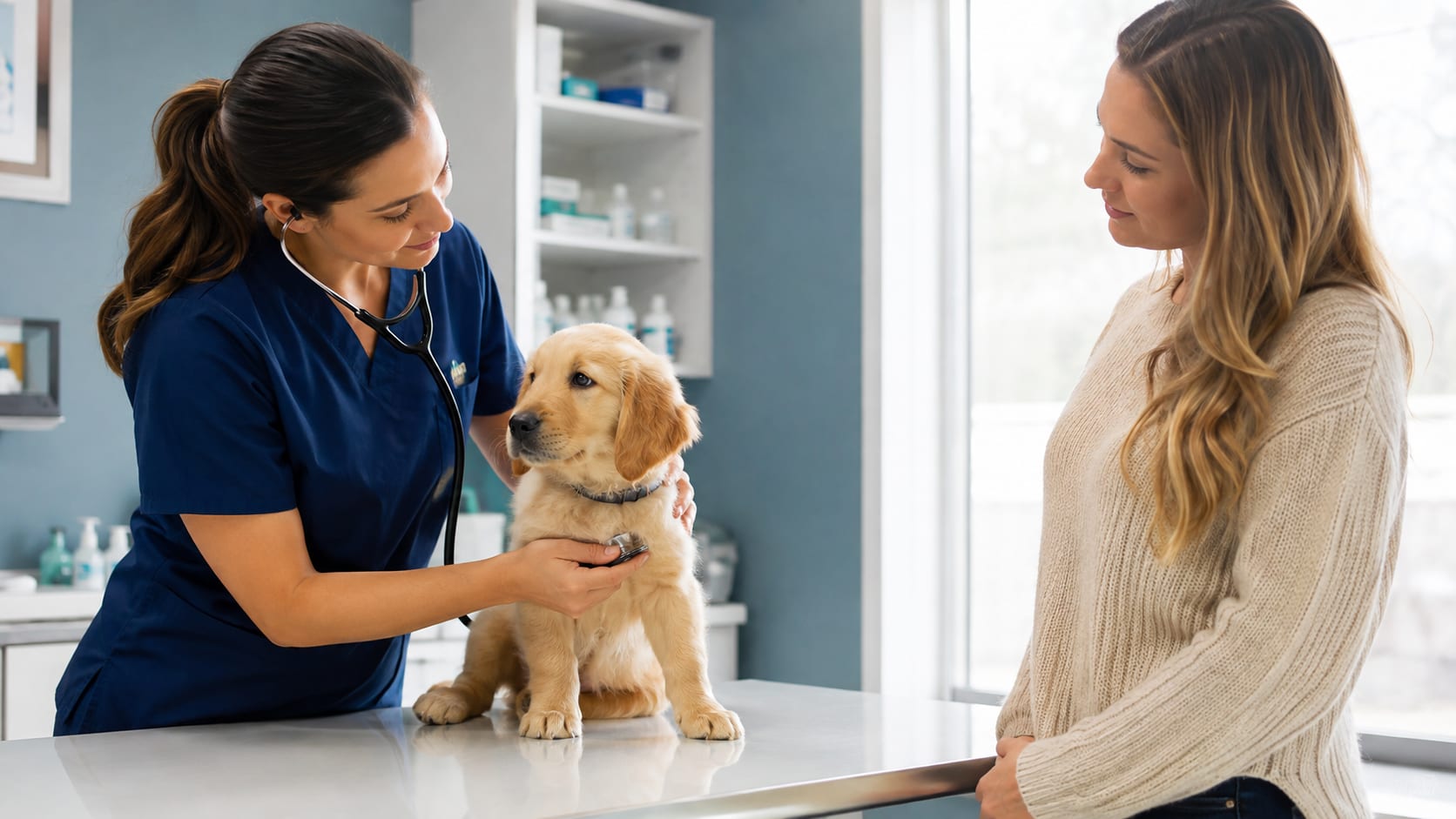Veterinaria examinando atentamente a un cachorro durante una revisión de salud en la clínica.