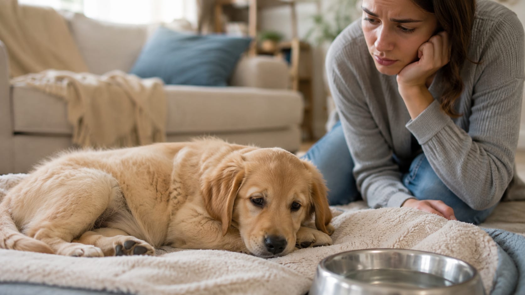 Cuidadora observando a su cachorro en casa para identificar posibles cambios en su salud y comportamiento.