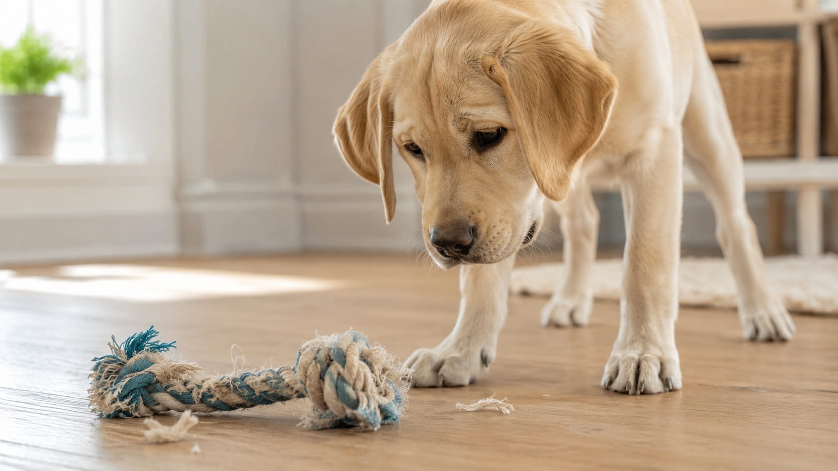 Perro labrador observando un juguete de cuerda deshilachado con fibras sueltas en el suelo.