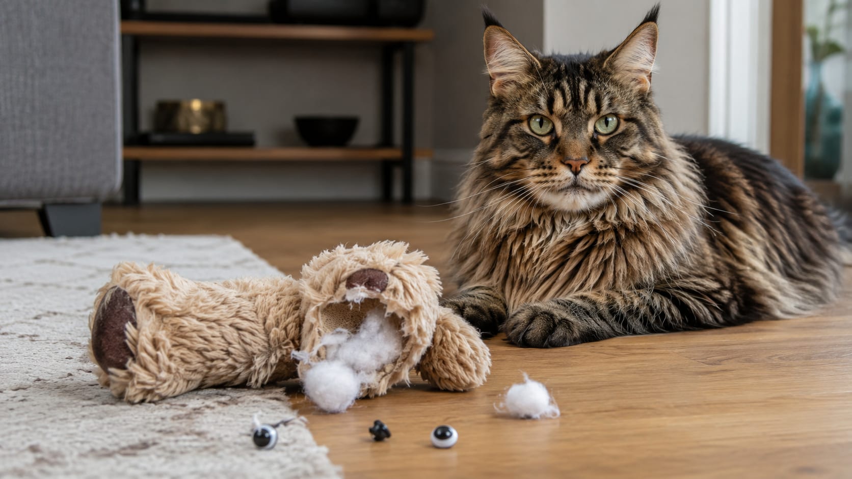 Gato junto a un peluche roto con relleno y pequeñas piezas desprendidas sobre el suelo.
