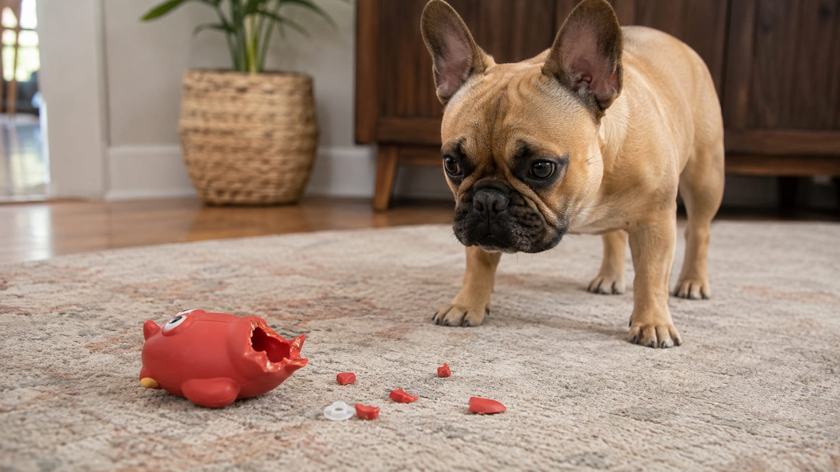 Bulldog francés frente a un juguete de plástico roto con pequeños fragmentos desprendidos.