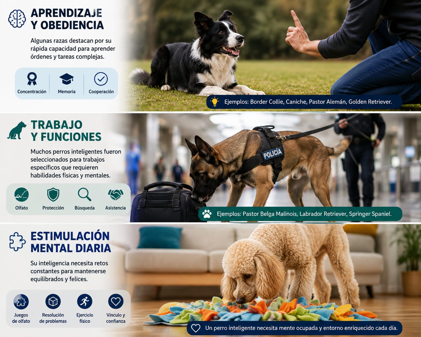 El Border Collie es una de las razas más inteligentes y destaca especialmente en actividades como el agility, donde combina obediencia, velocidad y atención.