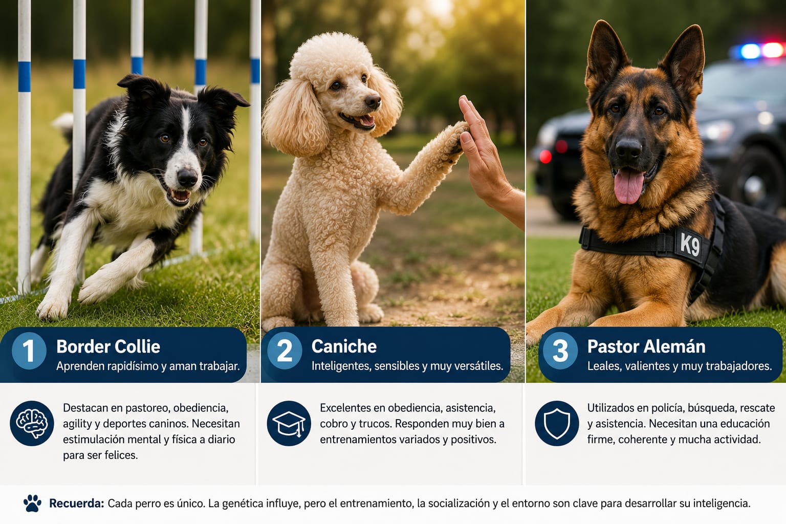 El Caniche aprende con gran facilidad y suele responder muy bien a ejercicios de obediencia, trucos y entrenamiento en positivo.