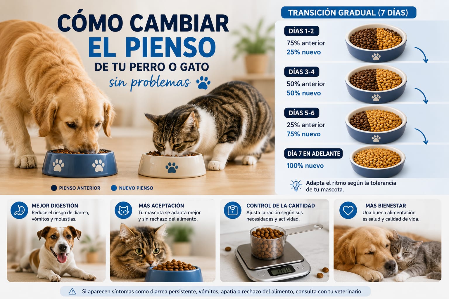Perro y gato junto a una guía visual para cambiar el pienso progresivamente