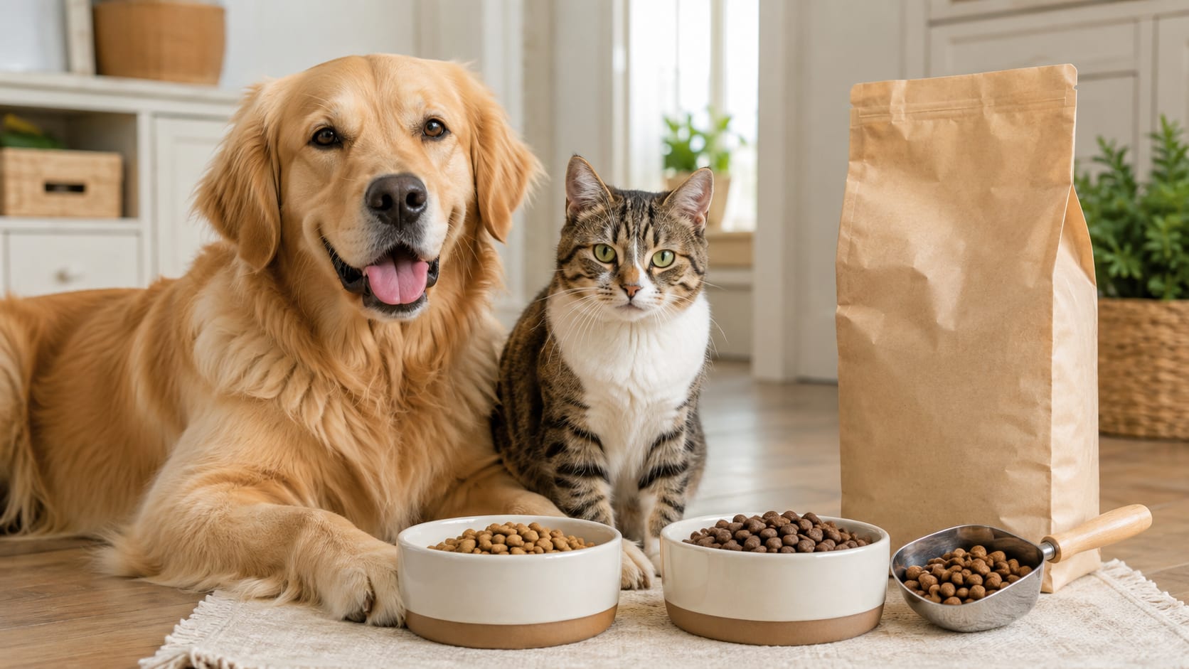 Perro y gato junto a dos cuencos con distintos tipos de pienso, preparados para realizar una transición gradual entre el alimento anterior y el nuevo.