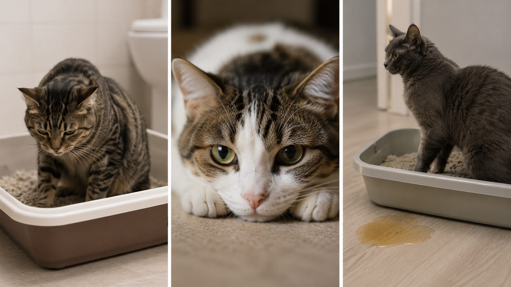 Gato junto a su arenero con una pequeña mancha de orina en el suelo, una posible señal de molestias urinarias.