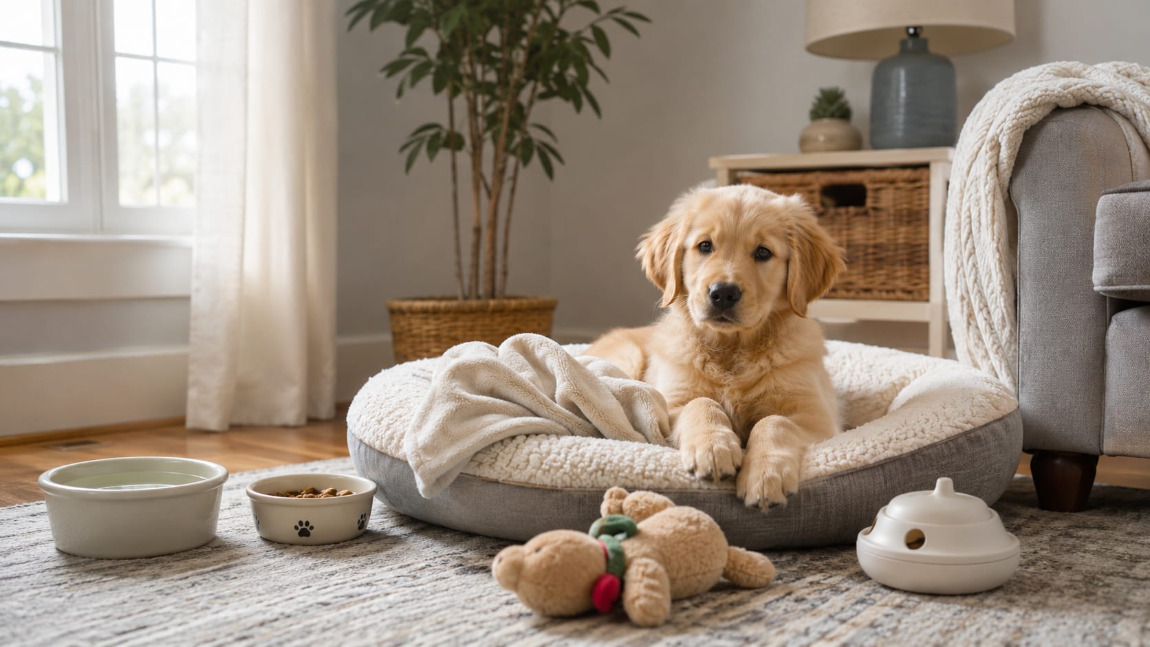Cachorro de golden retriever descansando tranquilo en su cama mientras aprende a quedarse solo en casa.