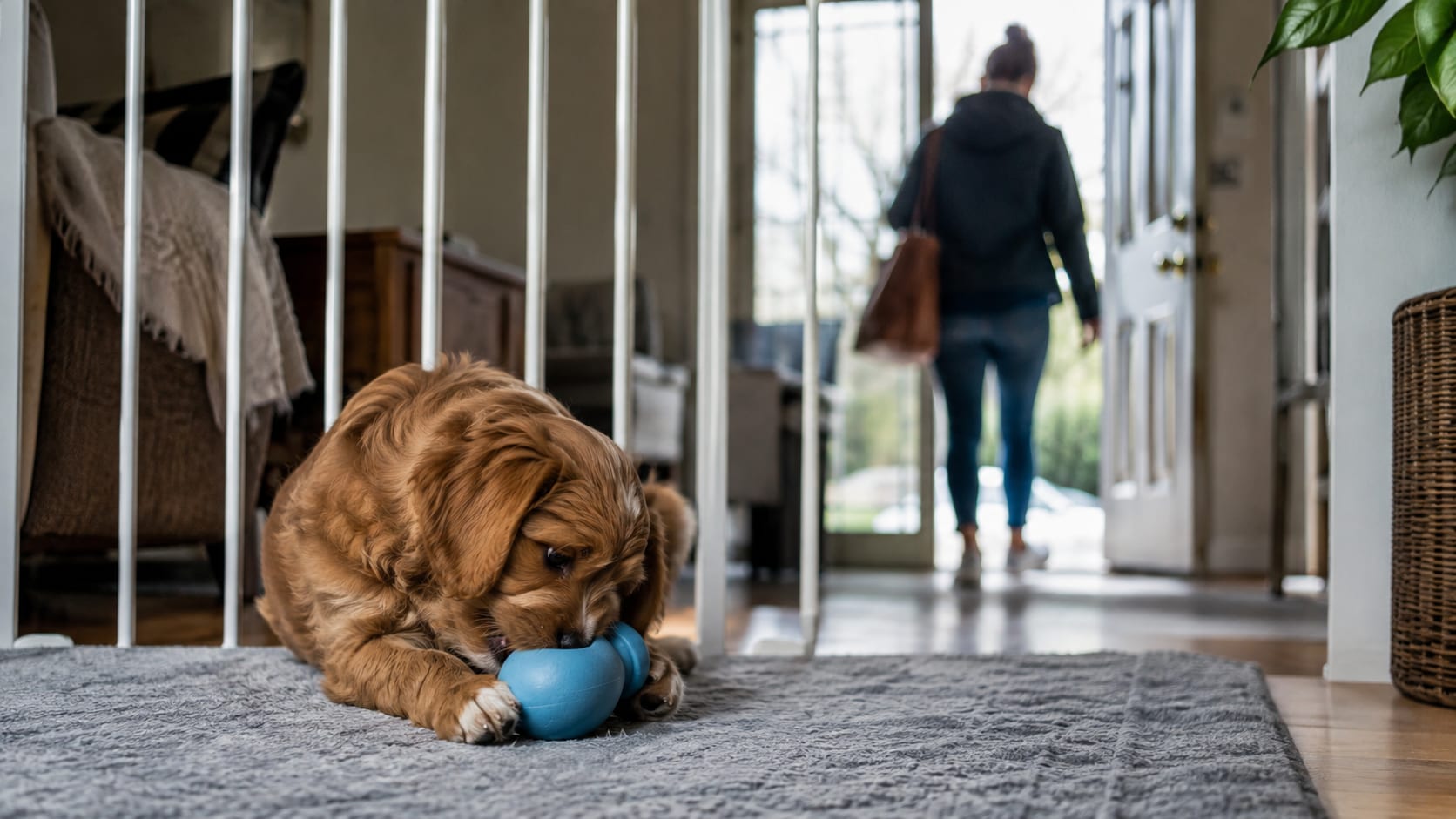 Cachorro entretenido con un juguete mientras una persona sale de casa durante un ejercicio para aprender a quedarse solo.