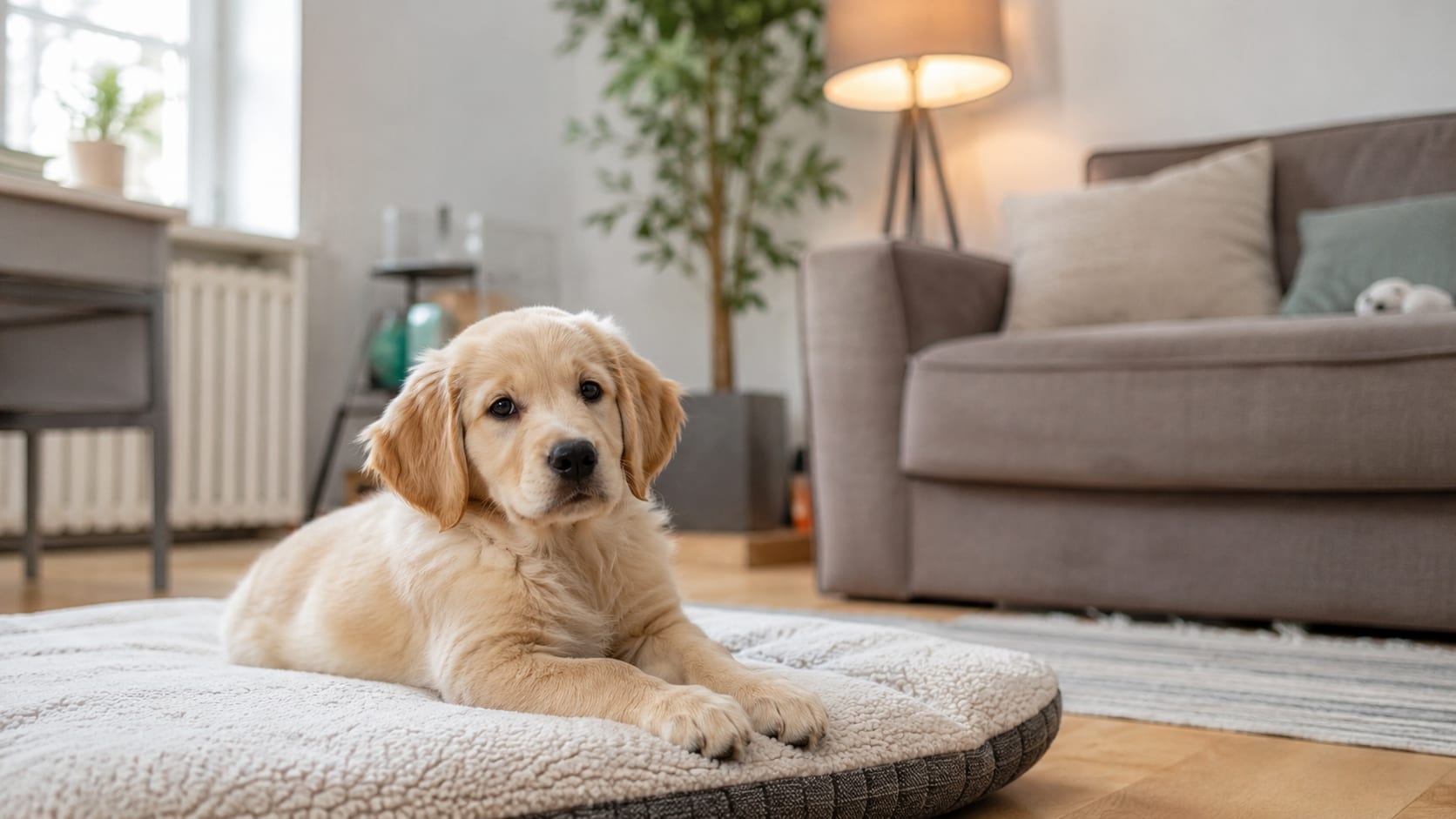 Cachorro de golden retriever descansando solo en el salón durante el aprendizaje de la independencia en casa.