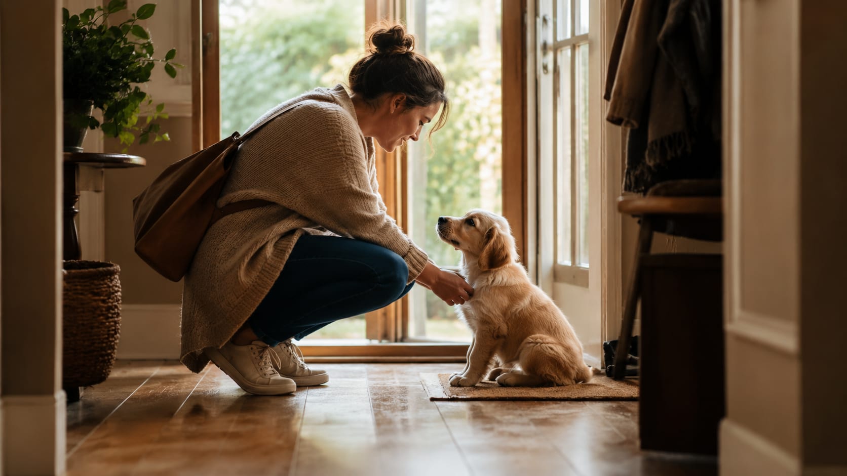 Persona despidiéndose con calma de un cachorro antes de salir de casa durante un entrenamiento de separación gradual.