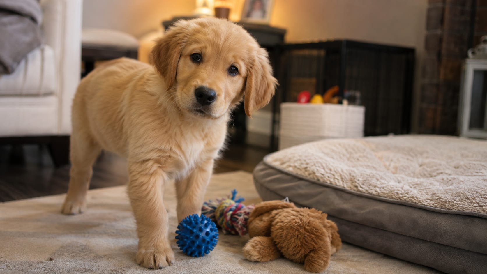 Cachorro de golden retriever en casa junto a varios juguetes durante sus primeros meses de educación y aprendizaje.