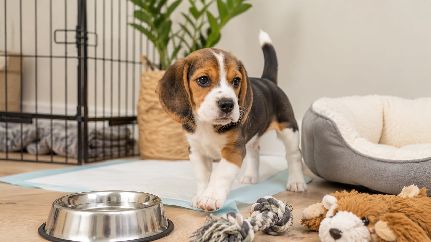Cachorro de beagle en una zona preparada de casa con cama, agua y juguetes durante su etapa de aprendizaje.