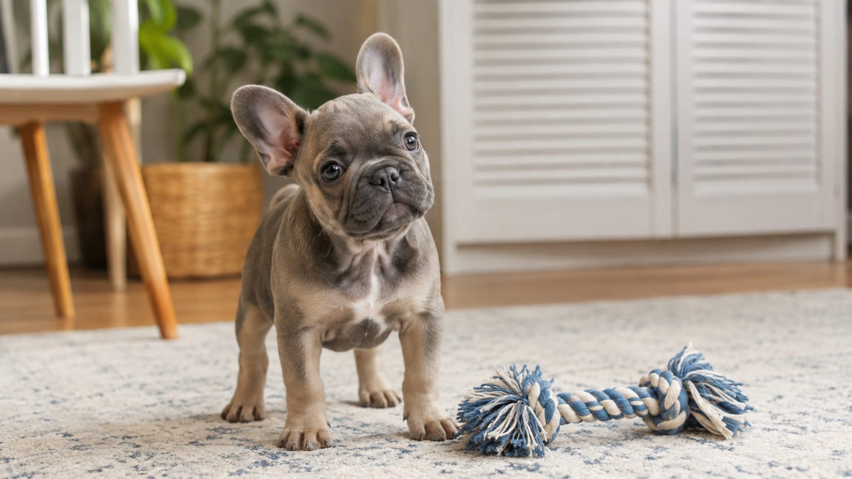 Cachorro de bulldog francés junto a un juguete de cuerda durante sus primeros ejercicios de educación en casa.