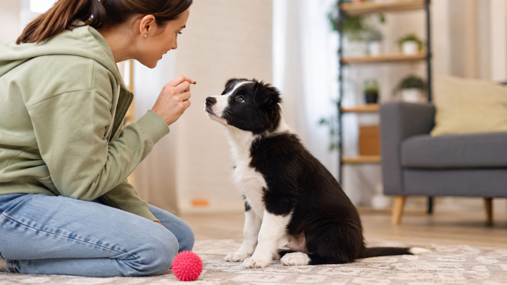 Mujer entrenando a un cachorro de border collie con una recompensa durante una sesión de educación en positivo.