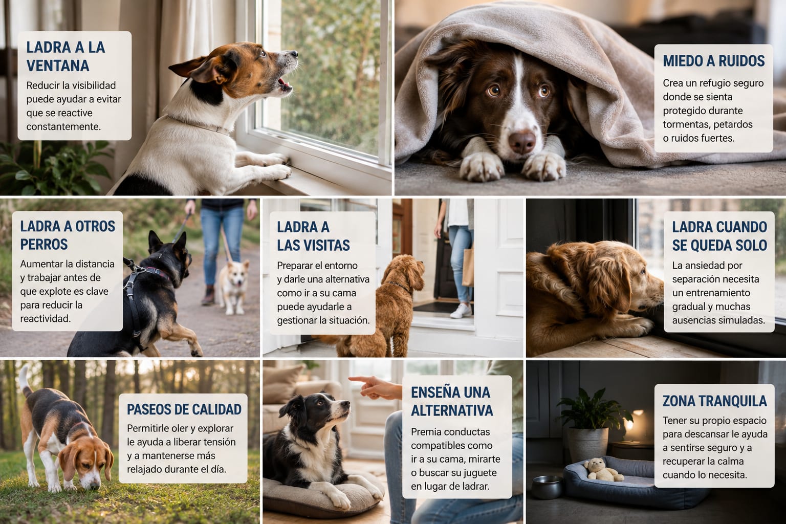 Infografía con varios perros en situaciones relacionadas con ansiedad, ladridos, miedo a ruidos, visitas, otros perros y quedarse solos.