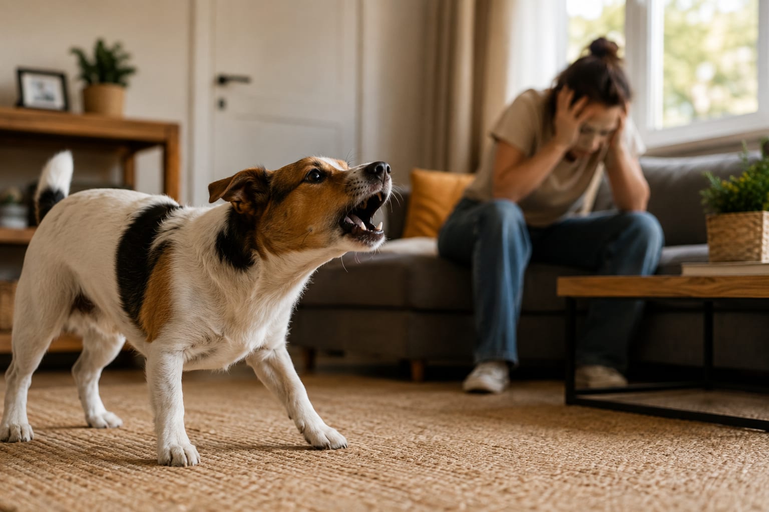 Perro en casa mostrando signos de ansiedad y ladrando, en una escena doméstica relacionada con cómo calmar los ladridos por ansiedad.