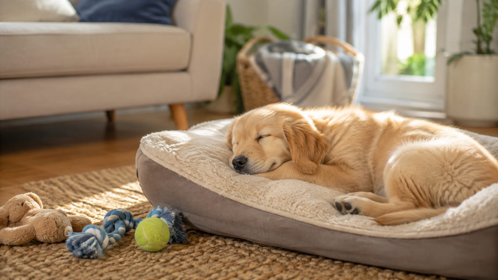 Cachorro de golden retriever durmiendo tranquilamente en su cama después de una jornada de juego y actividad.