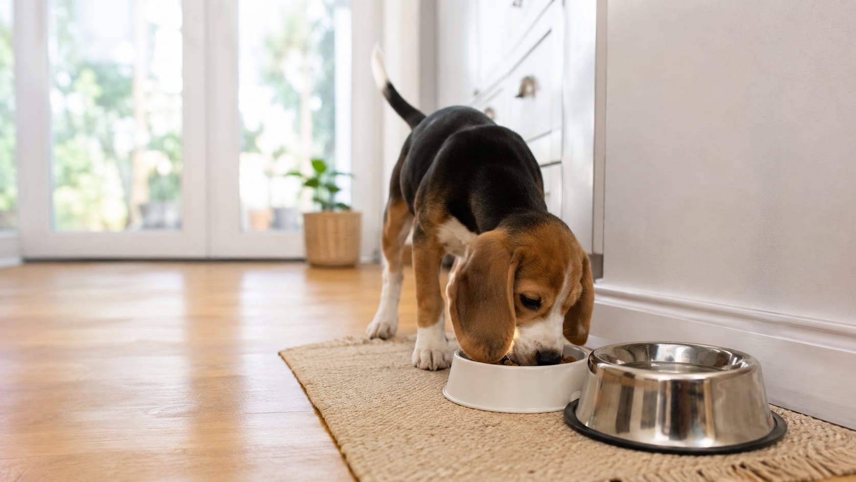 Cachorro de beagle comiendo pienso en su cuenco junto a un recipiente con agua fresca en casa.