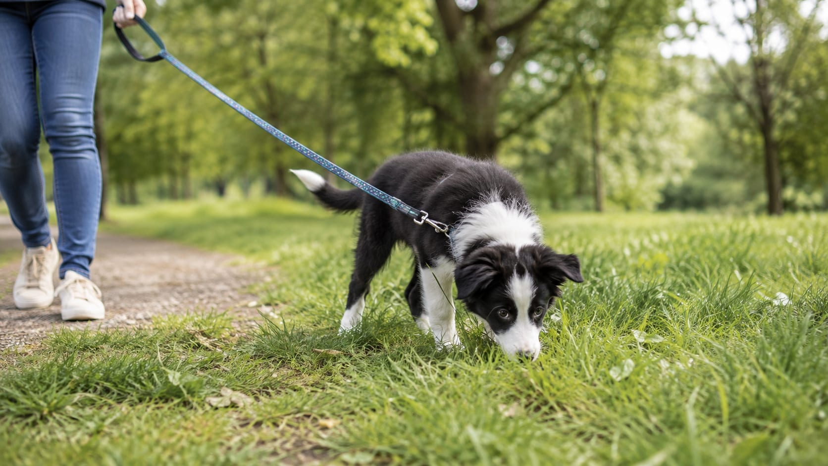 Cachorro de border collie olfateando el césped durante un paseo tranquilo con correa junto a su cuidador.