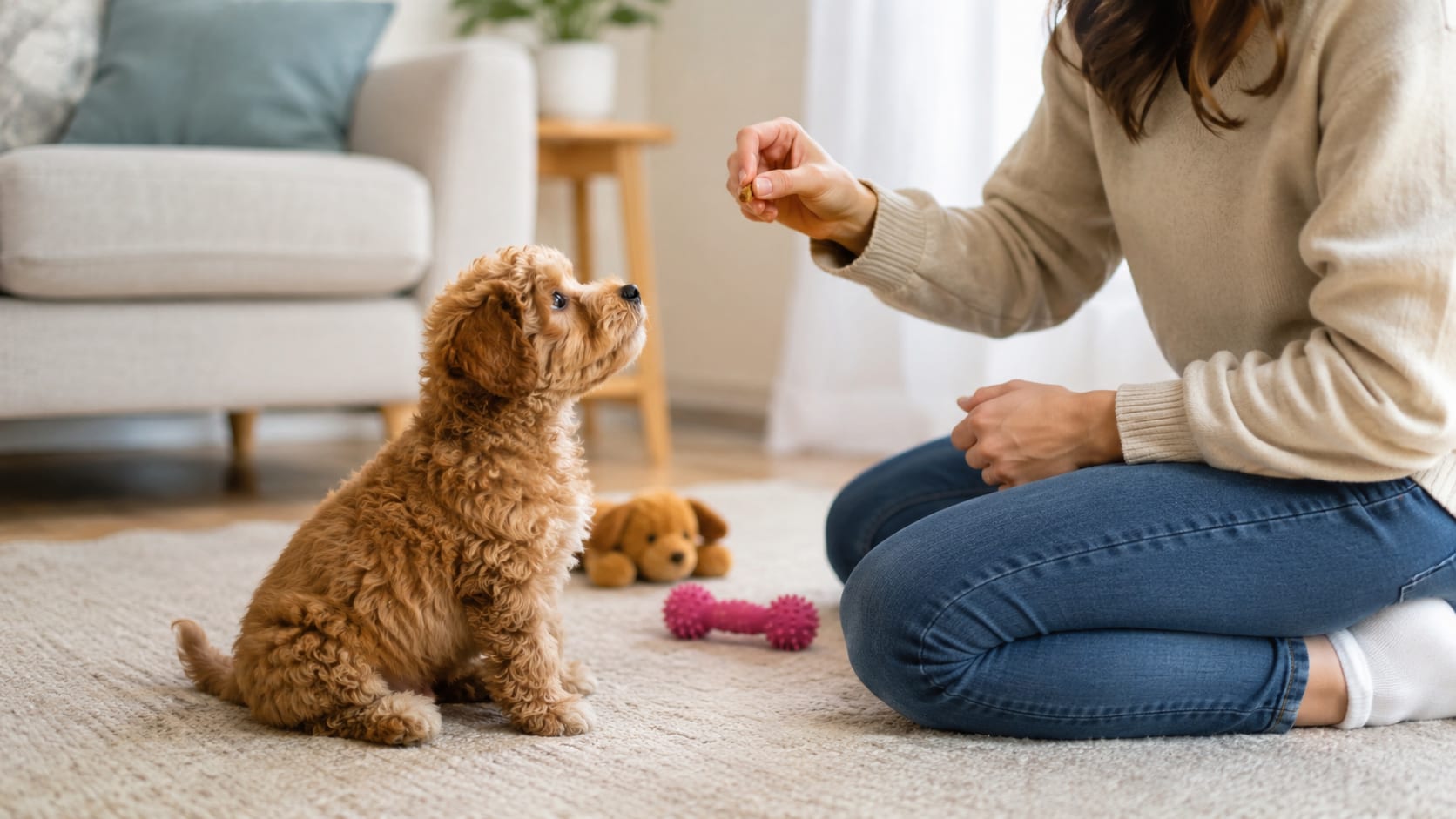 Cachorro de caniche aprendiendo una conducta mediante una pequeña recompensa durante una sesión de entrenamiento en casa.