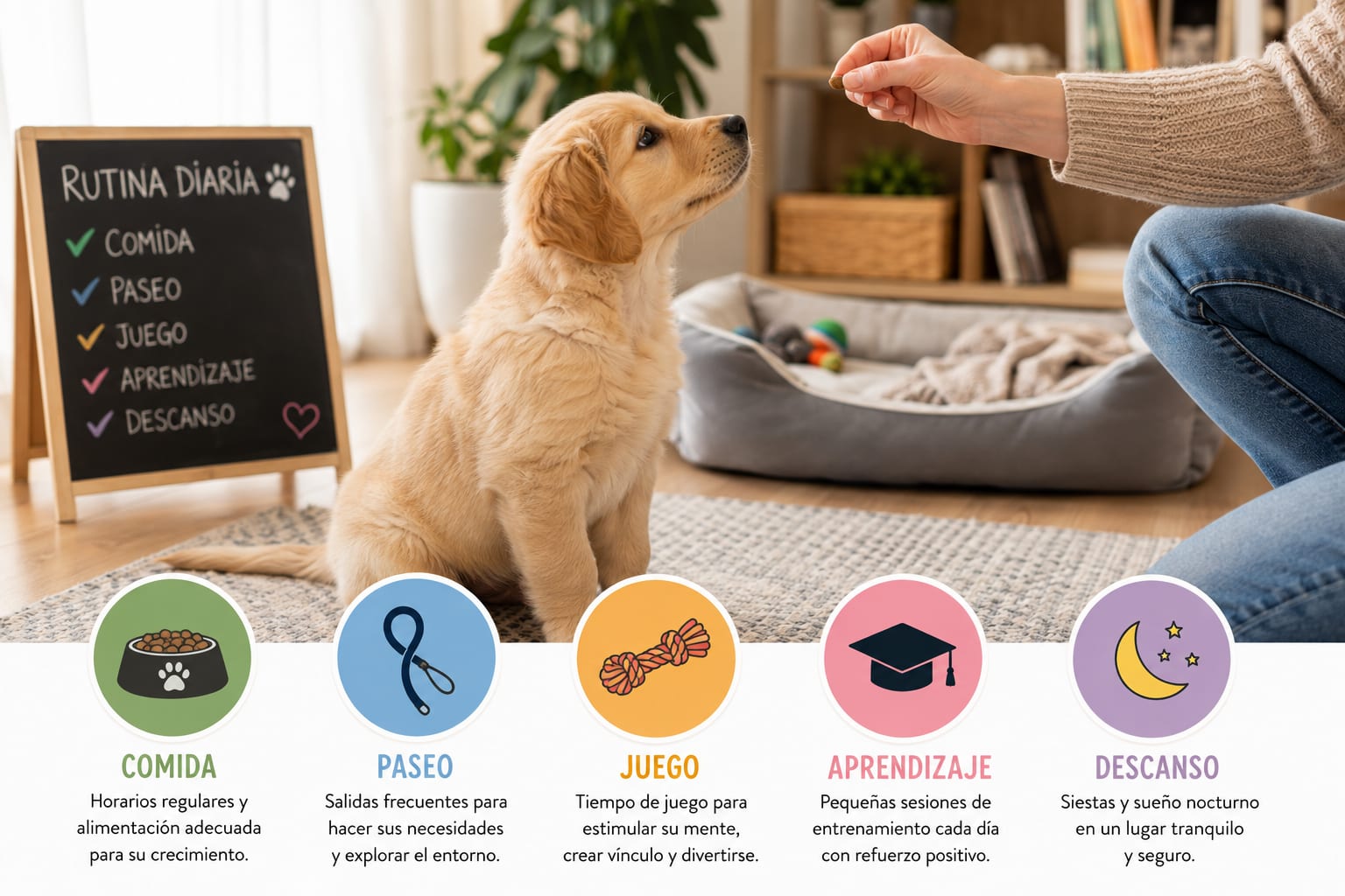 Cachorro de golden retriever durante una sesión de aprendizaje en casa junto a una guía visual de comida, paseo, juego, entrenamiento y descanso.