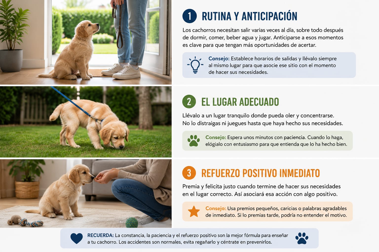 Sacar al cachorro en momentos previsibles, como después de despertarse, comer o jugar, aumenta las oportunidades de que haga sus necesidades fuera.