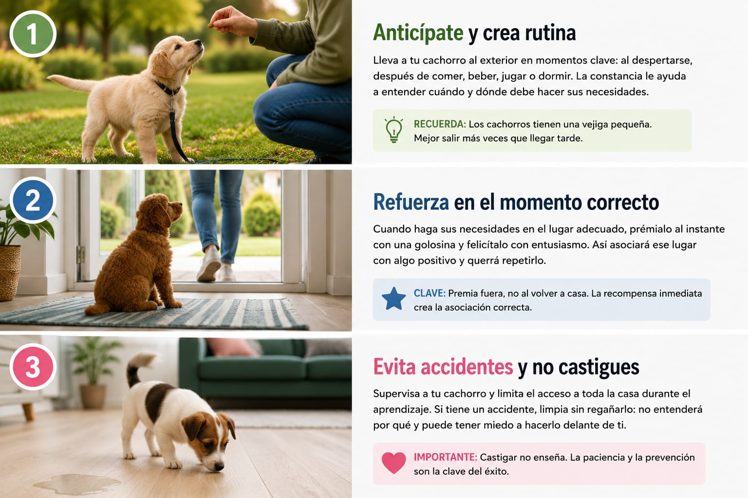Premiar al cachorro inmediatamente después de hacerlo en el lugar correcto facilita que relacione esa conducta con una consecuencia positiva.