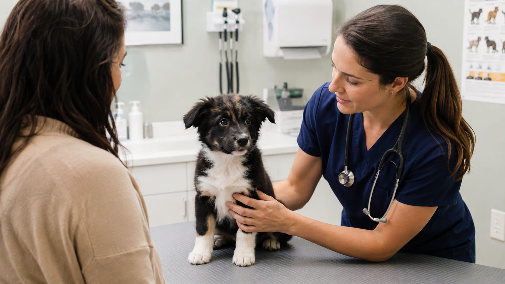 Cachorro mestizo durante una exploración física veterinaria acompañado por su cuidadora en la consulta.