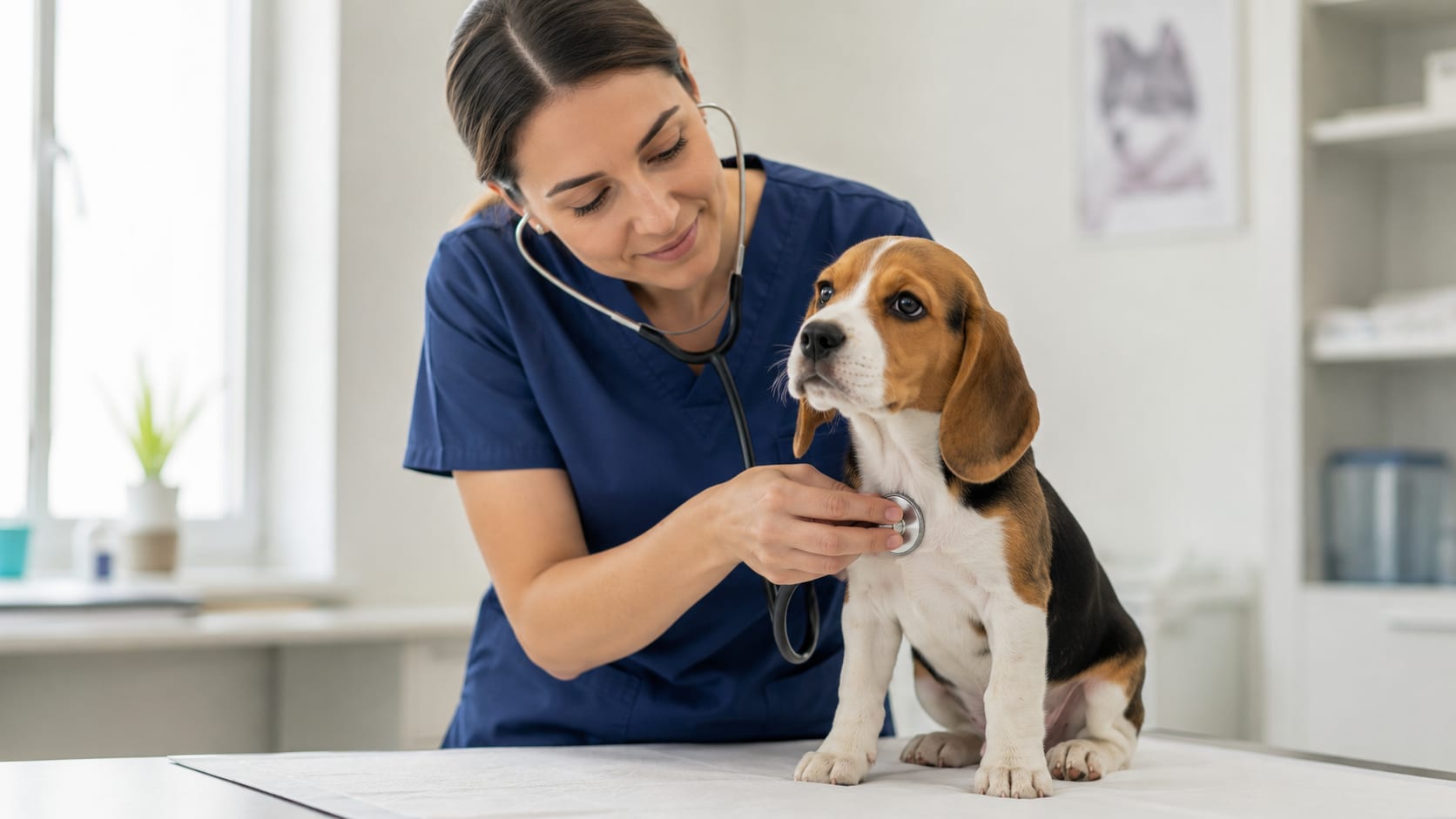 Cachorro de beagle siendo examinado con un estetoscopio durante su primera visita a una clínica veterinaria.