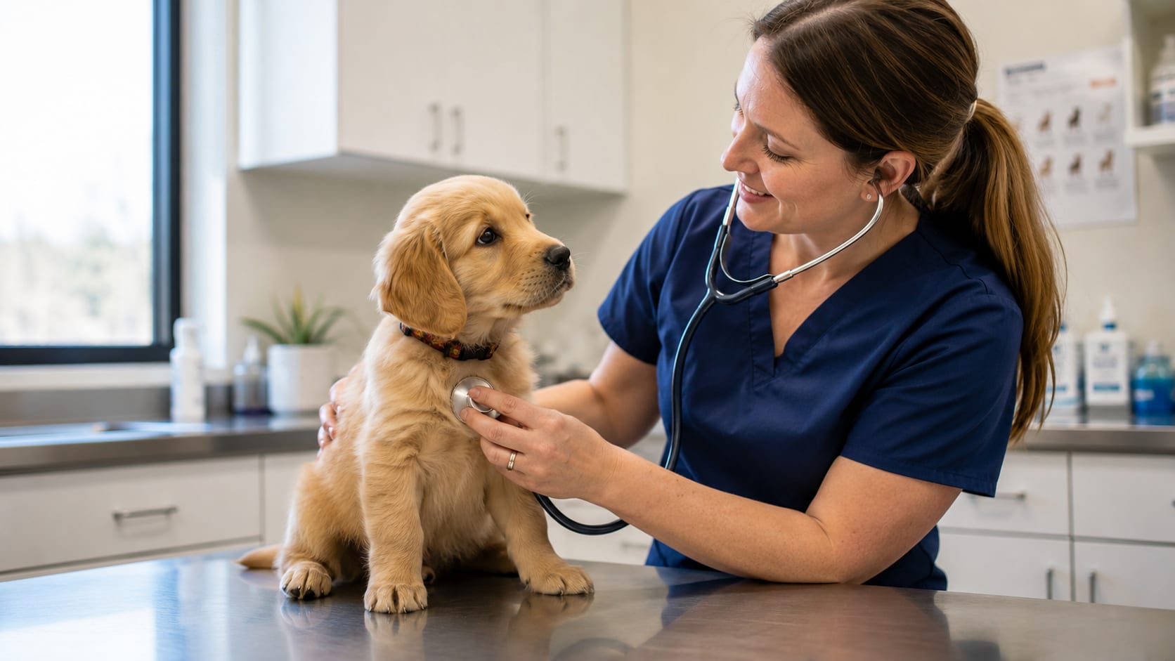 Cachorro de golden retriever durante una revisión veterinaria mientras la profesional ausculta su corazón y pulmones.