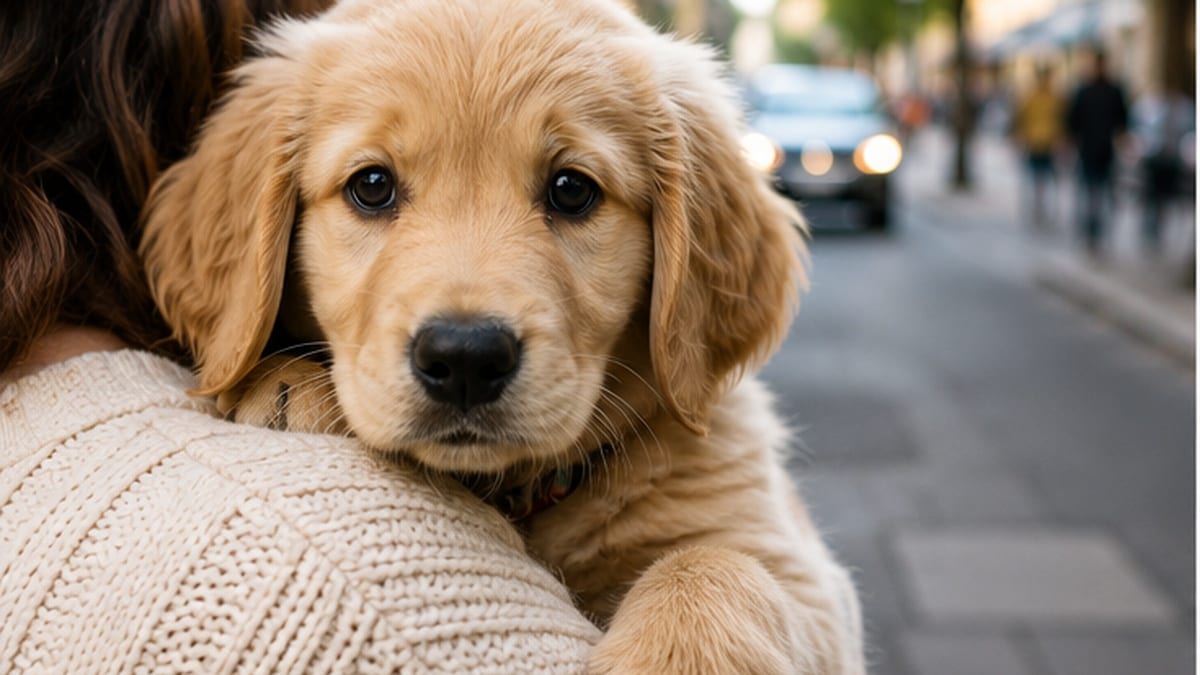 Cachorro de golden retriever en brazos de su cuidadora mientras conoce el entorno urbano antes de comenzar sus primeros paseos.