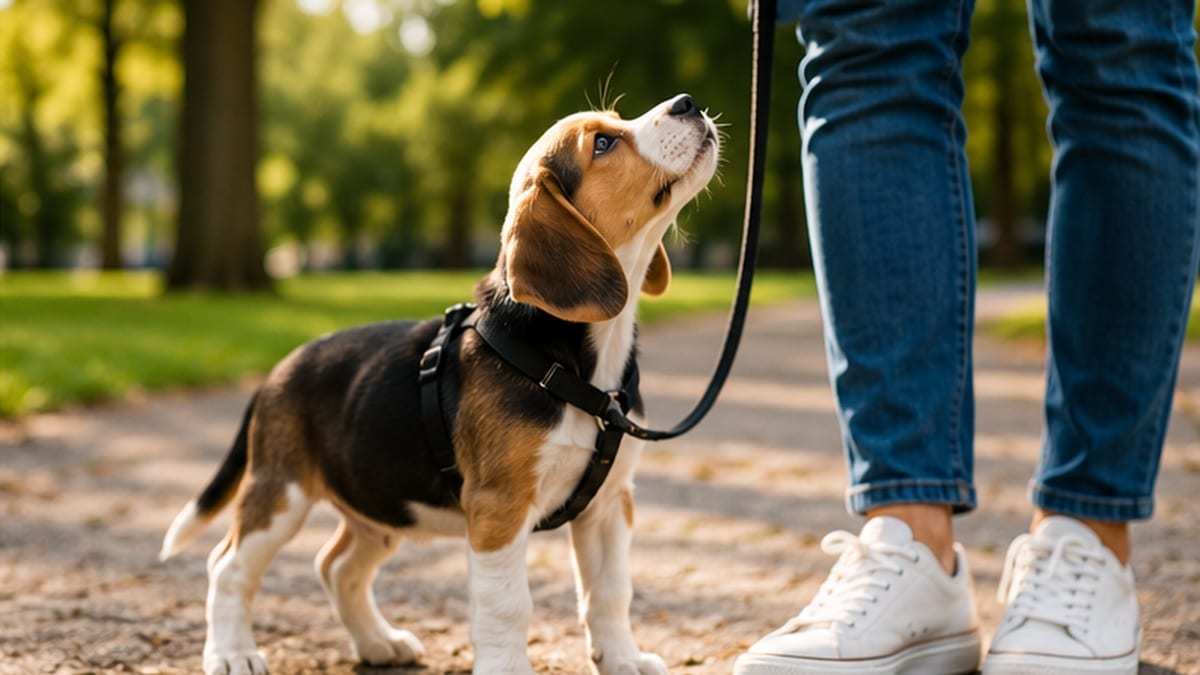 Cachorro de beagle con arnés y correa durante uno de sus primeros paseos por un parque junto a su cuidador.