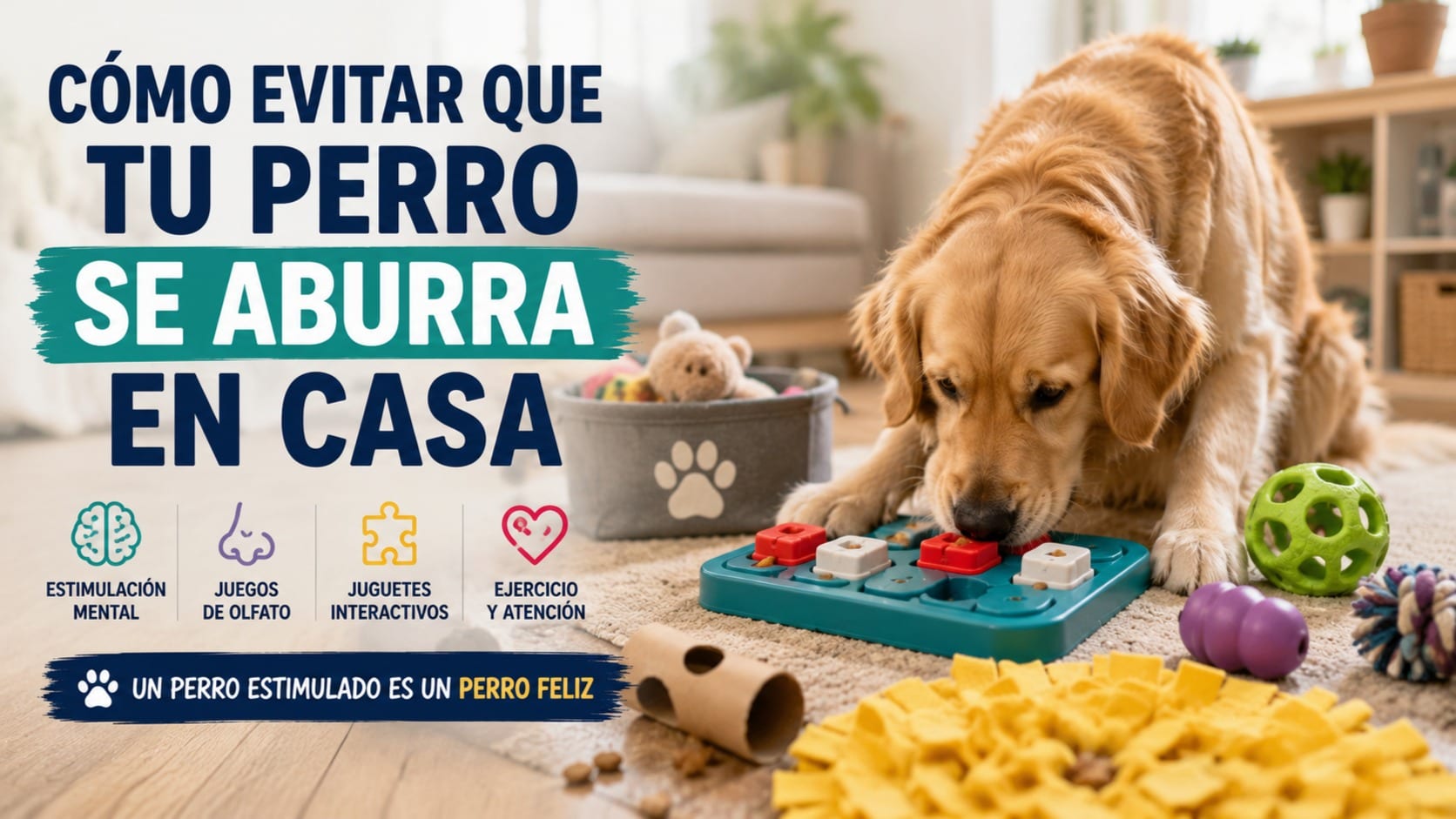 Golden retriever utilizando un juguete interactivo y actividades de estimulación mental en casa para evitar el aburrimiento.