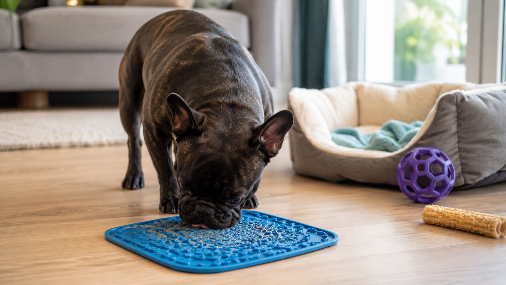 Bulldog francés utilizando una alfombrilla de lamido como actividad tranquila de enriquecimiento dentro de casa.