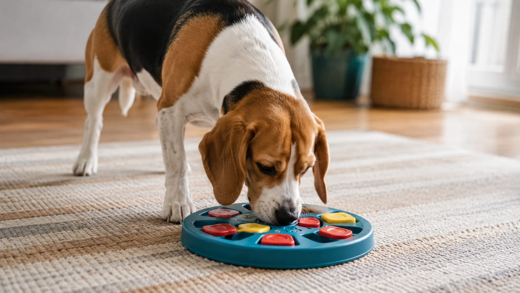 Beagle jugando con un dispensador interactivo de comida para mantenerse entretenido y mentalmente activo en casa.