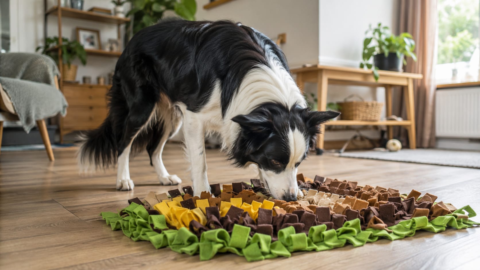 Border collie utilizando una alfombra olfativa en casa como actividad de estimulación mental y enriquecimiento ambiental.