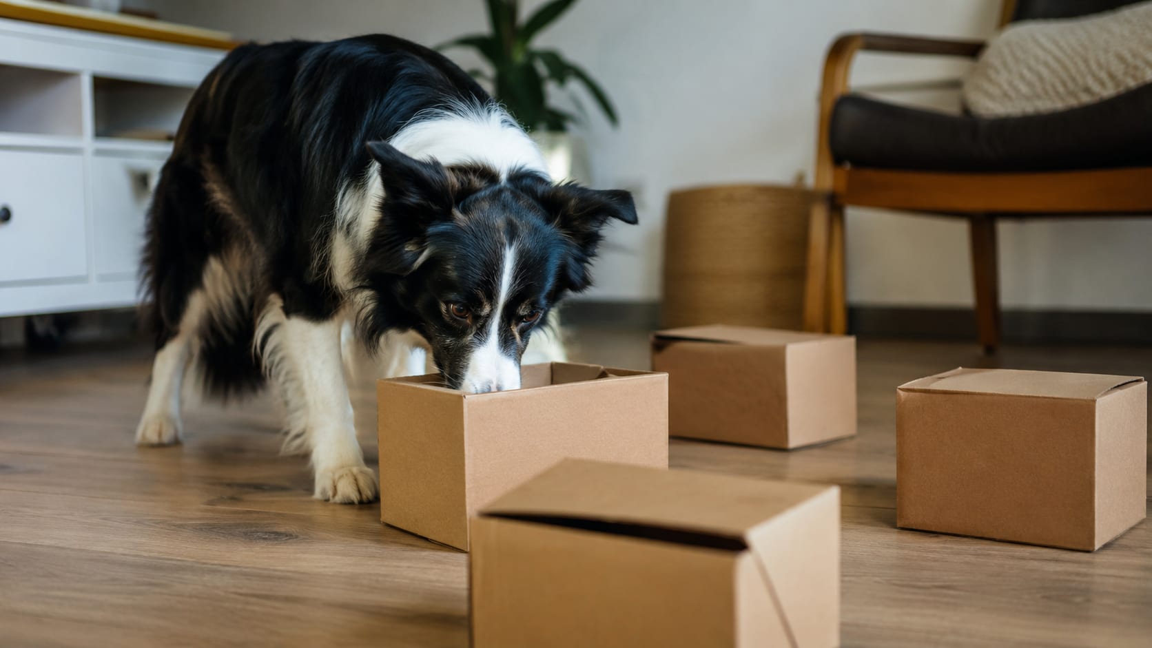 Perro buscando un premio escondido entre varias cajas de cartón durante un ejercicio de entrenamiento olfativo en casa.