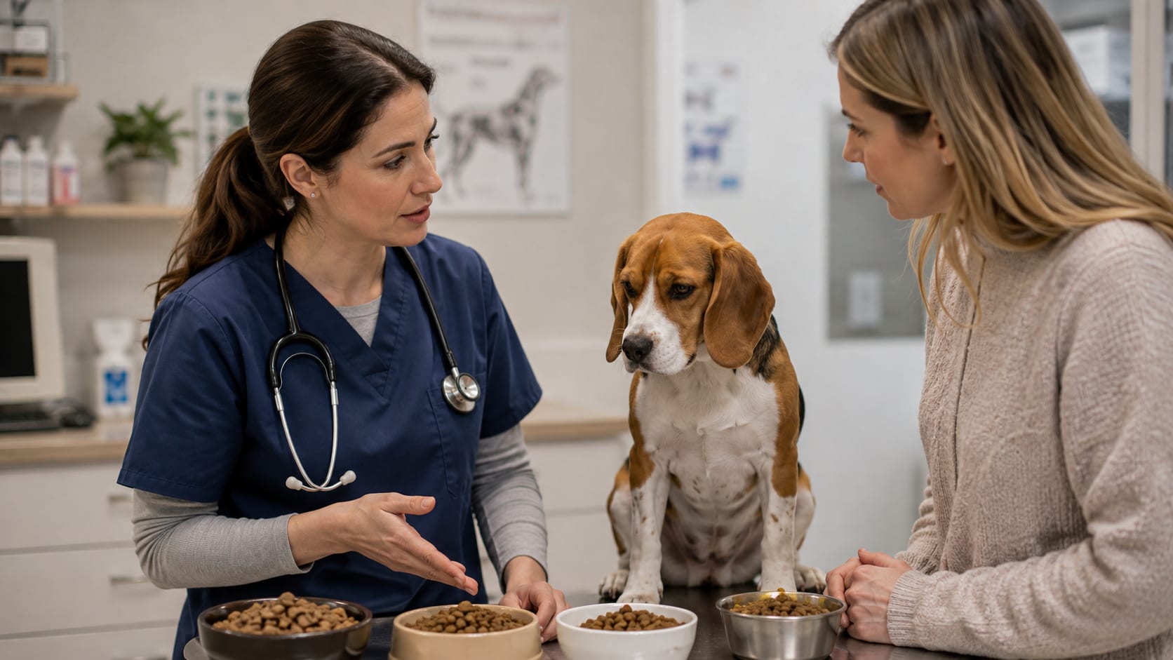 Perro Beagle durante una consulta veterinaria sobre alimentación, con varios tipos de pienso preparados para valorar cuál se adapta mejor a sus necesidades.