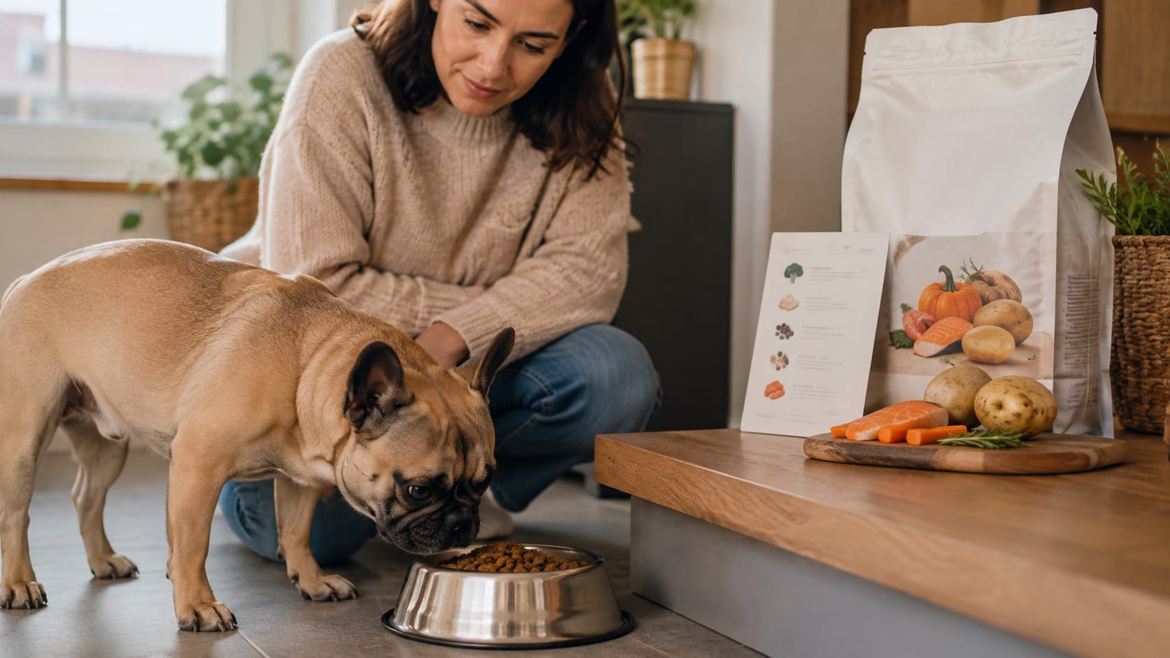 Bulldog francés comiendo pienso mientras su cuidadora revisa diferentes opciones de alimentación para perros.
