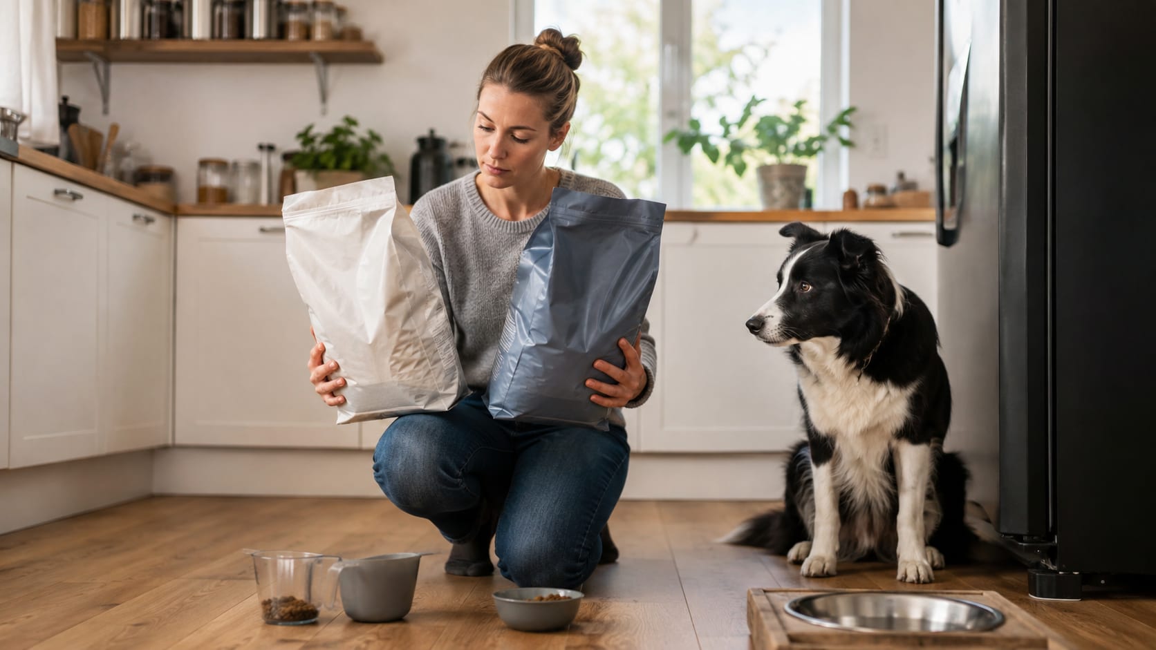 Cuidadora comparando dos alimentos para perros mientras un Border Collie espera junto a su comedero en la cocina.