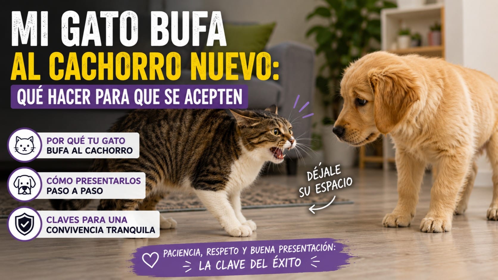 Gato atigrado bufando a un cachorro de golden retriever durante sus primeros encuentros en casa, en una imagen sobre cómo presentar perro y gato de forma gradual.