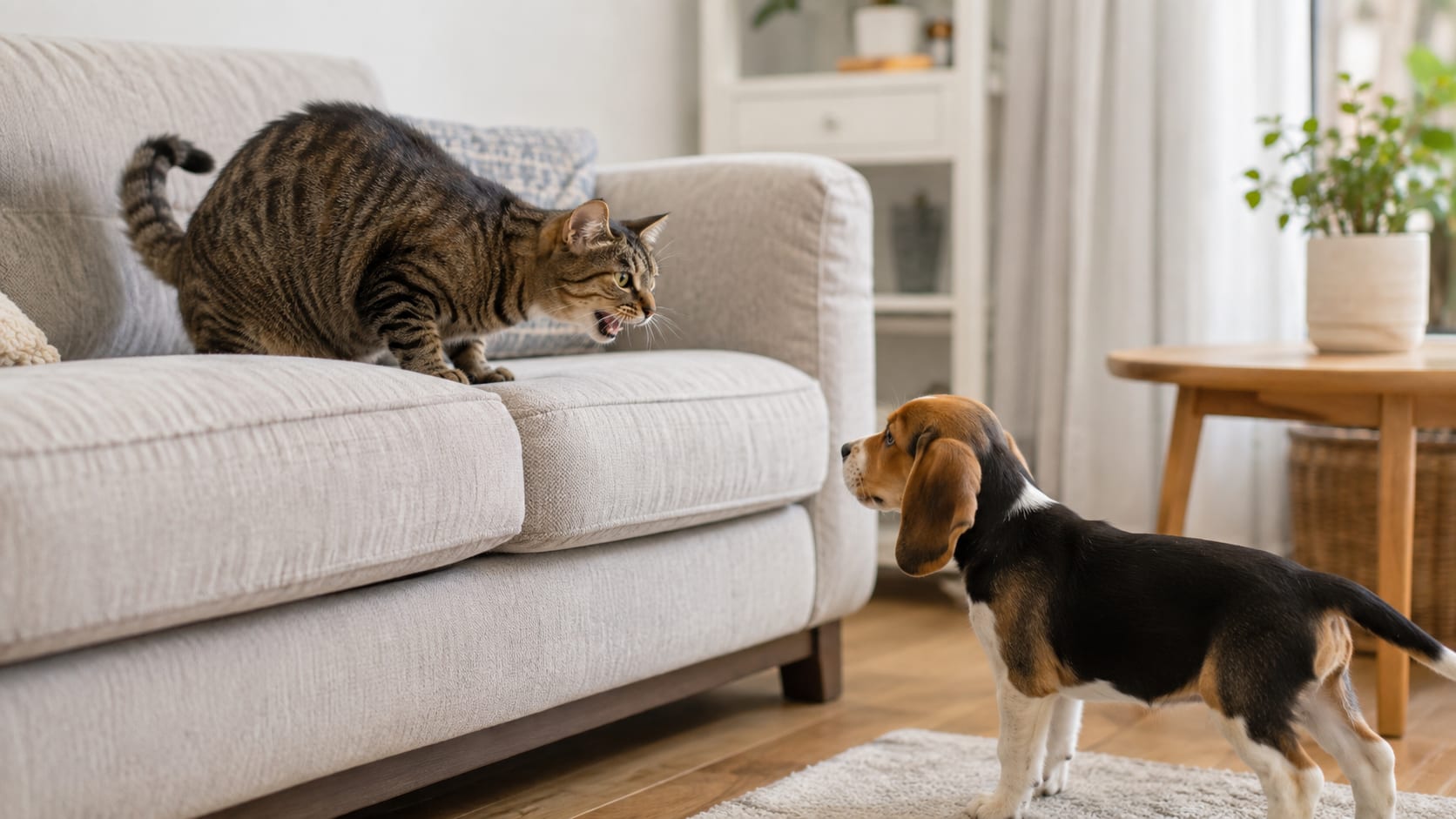 Gato atigrado bufando desde el sofá a un cachorro de beagle durante uno de sus primeros encuentros en casa.