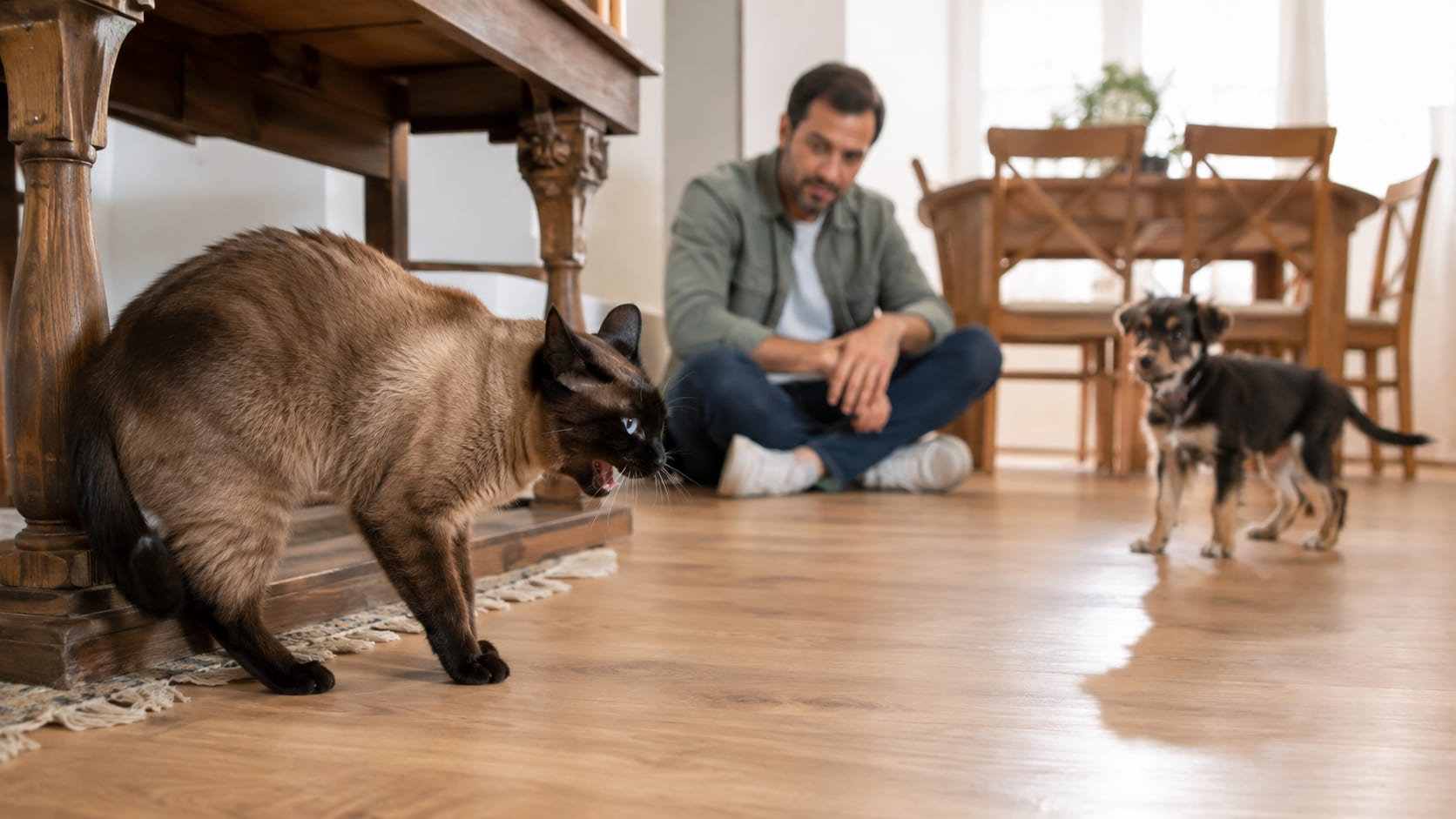 Gato siamés bufando a un cachorro mestizo durante un encuentro supervisado por su cuidador dentro de casa.
