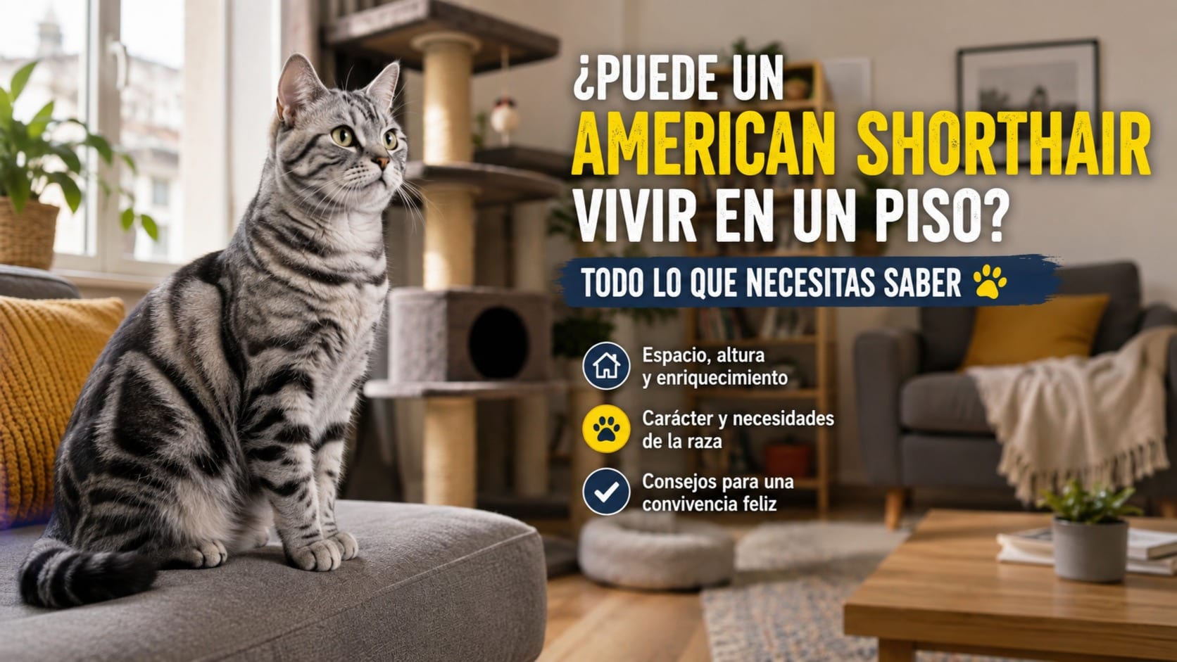 American Shorthair de color plateado en un piso adaptado con rascador, zonas elevadas y espacios de descanso.