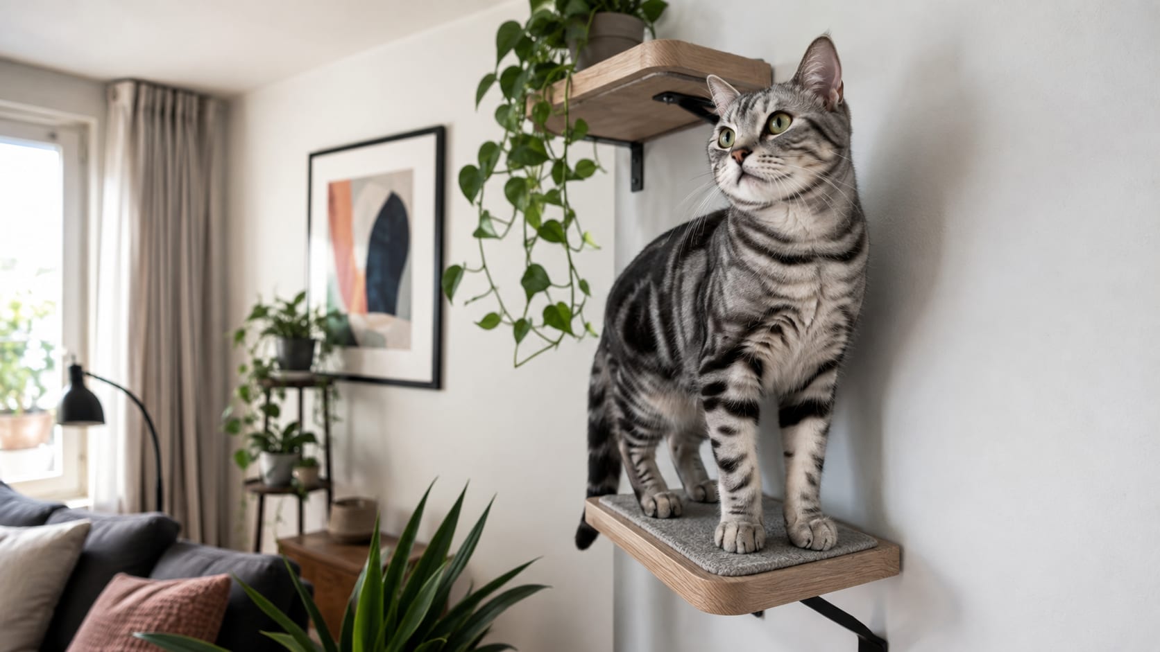 American Shorthair sobre una plataforma elevada instalada en la pared de un apartamento con espacios adaptados para gatos.
