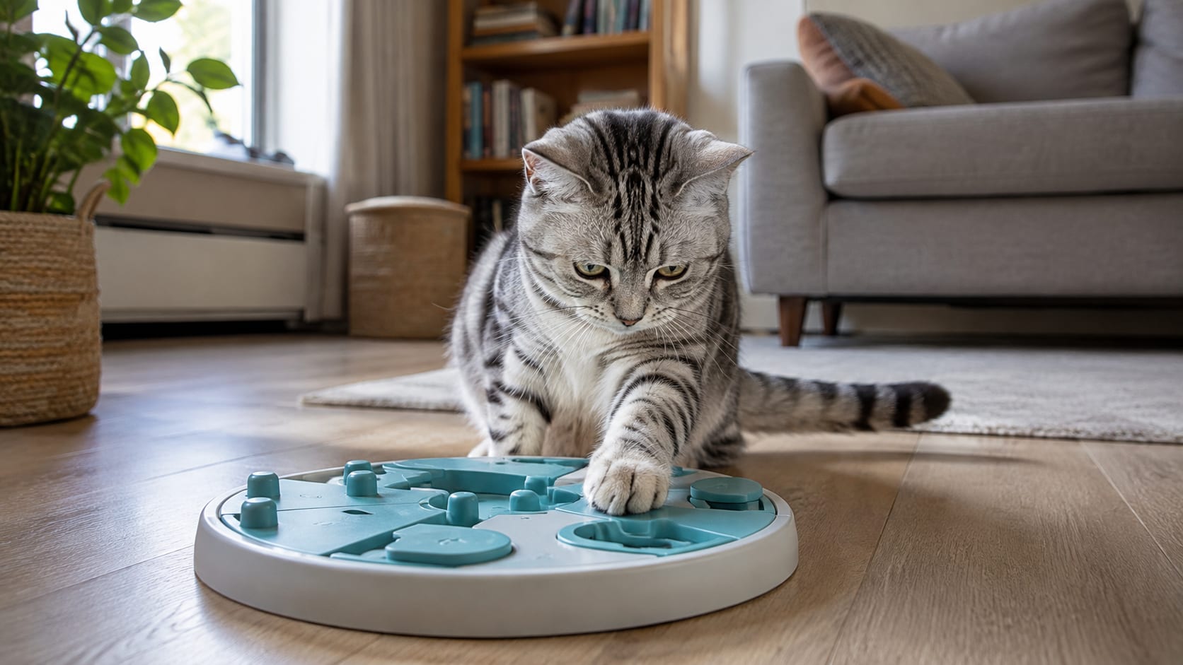 American Shorthair jugando con un dispensador interactivo de comida como actividad de enriquecimiento ambiental dentro de casa.