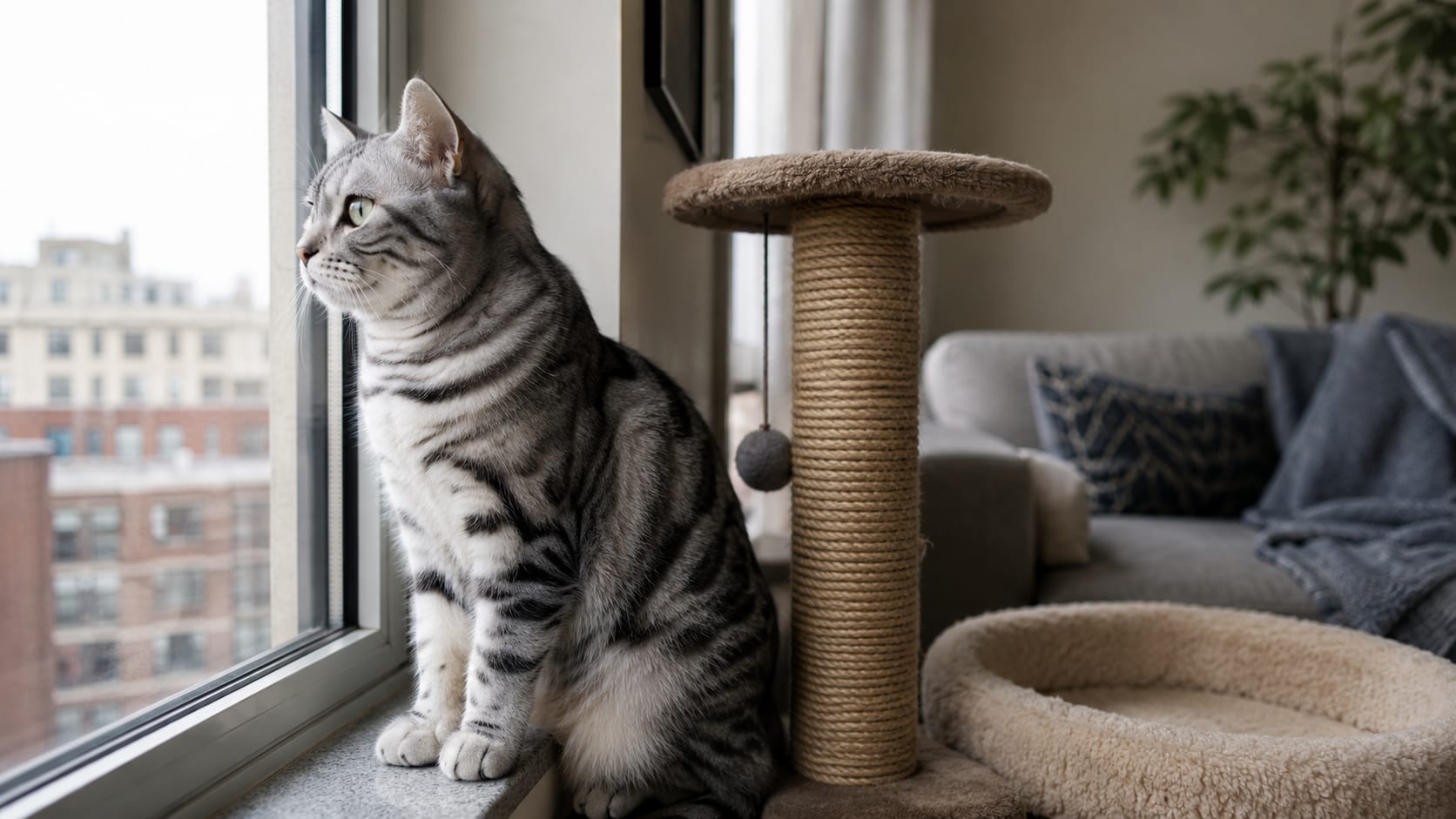 American Shorthair observando la ciudad desde una ventana junto a un rascador y una zona de descanso en un piso.