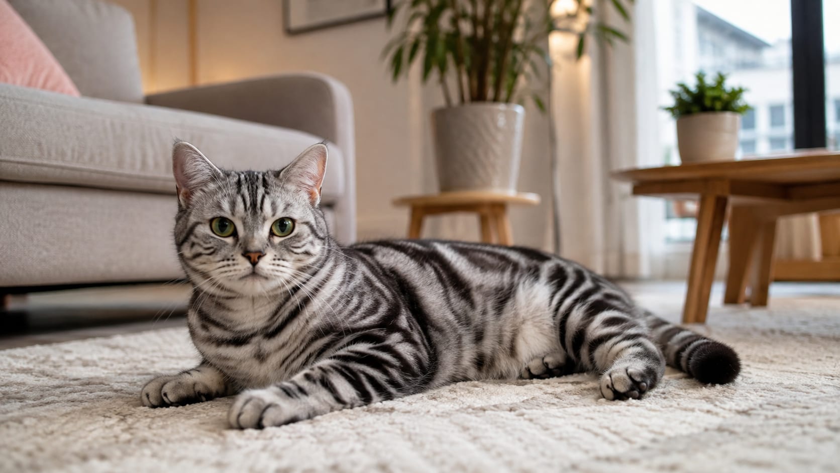 American Shorthair plateado descansando en el salón de un piso adaptado para la vida de un gato de interior.